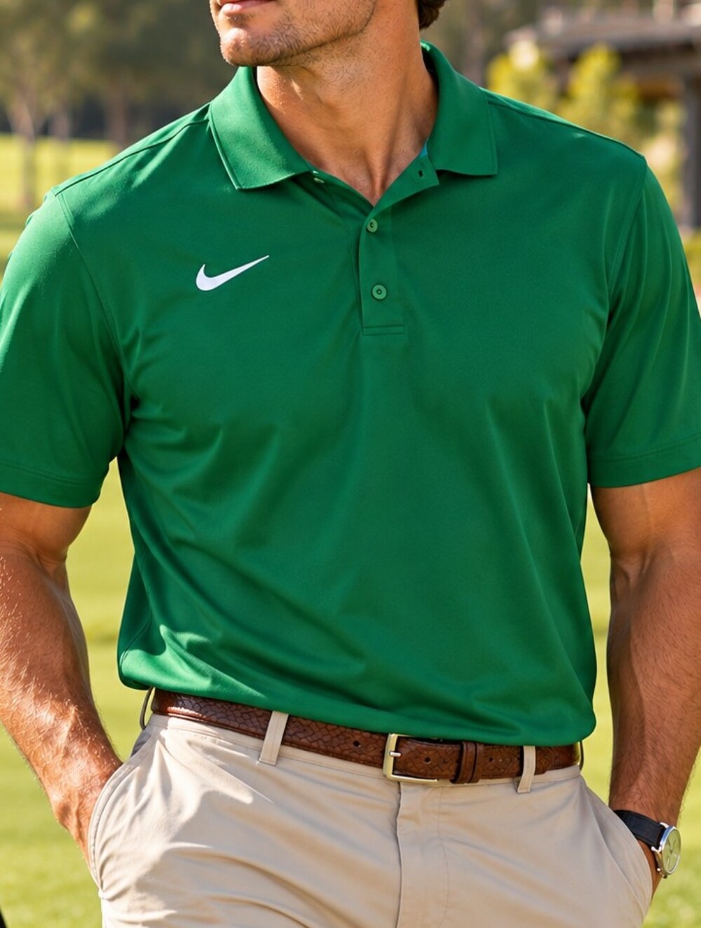 Nike Dri-FIT Men’s Large Green Golf Polo Shirt White Swoosh Performance